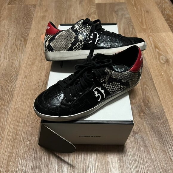 Primabase Sneakers Black Textured Leather Snake Print Red Heel - Picture 13 of 13